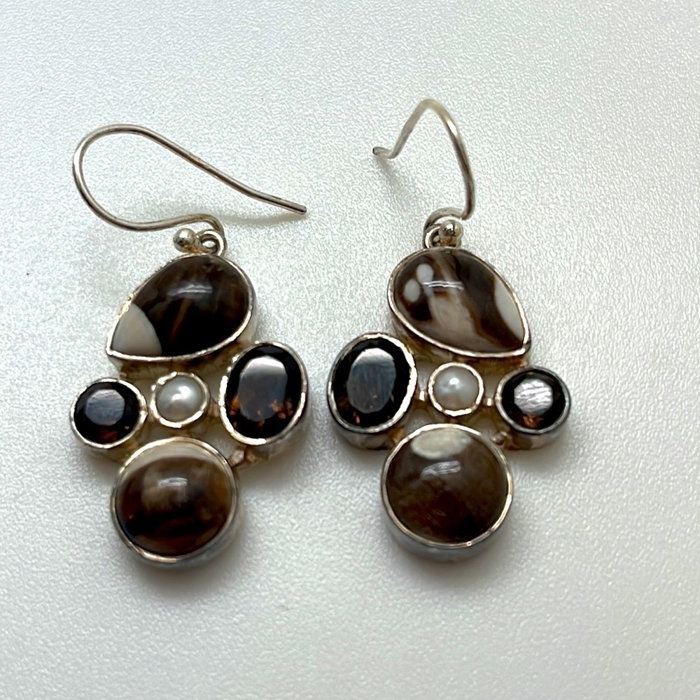 NEW! Sterling silver genuine Smokey quatrtz and peanut wood earrings - Picture 2 of 8